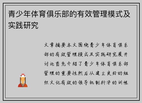 青少年体育俱乐部的有效管理模式及实践研究