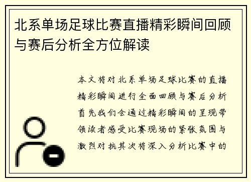 北系单场足球比赛直播精彩瞬间回顾与赛后分析全方位解读